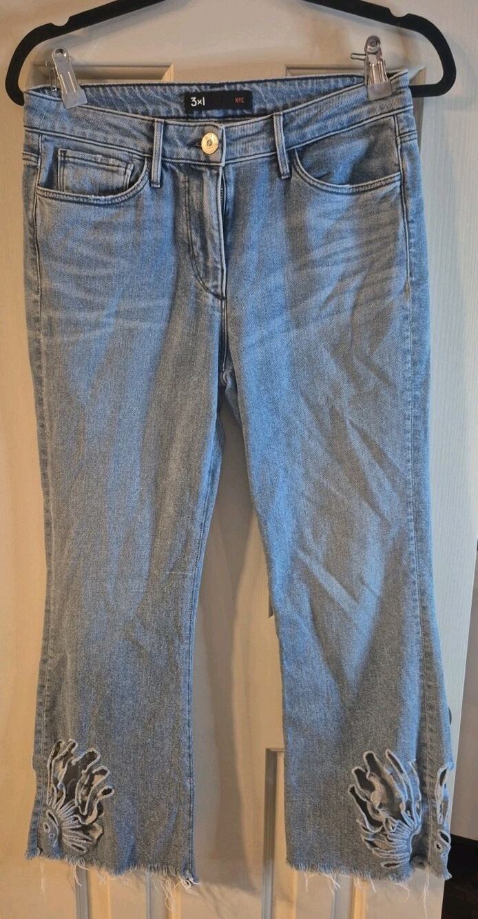 3X1 Freja Floral Cutout Slim Fit Crop Bell Stretch Jeans Elkhorn Size 27 ART